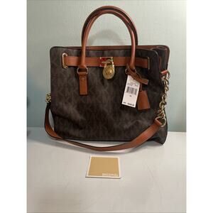 Michael Kors - Hamilton Satchel Purse - Brown Signature MK Logo Print Leather